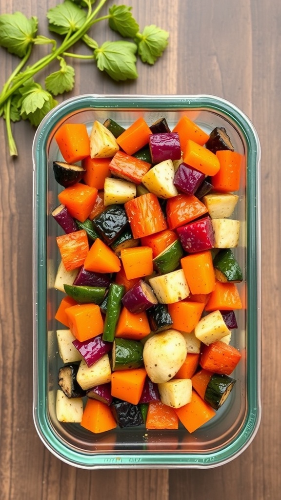 A tray of colorful roasted vegetables including carrots, Brussels sprouts, and butternut squash.