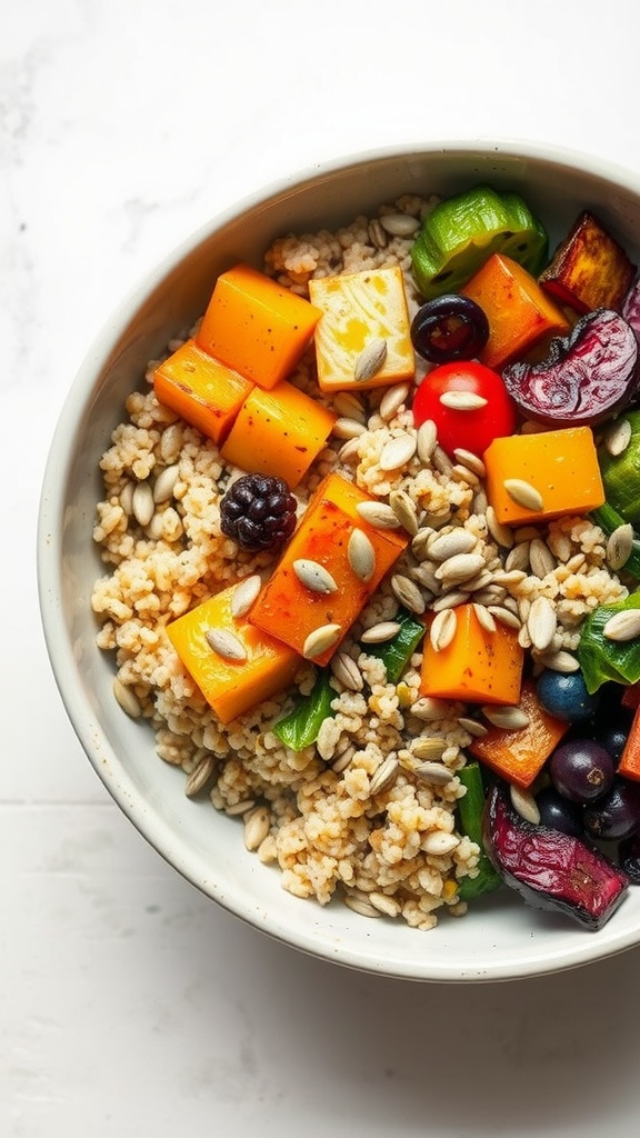 A colorful bowl of roasted vegetables and quinoa with seeds and herbs.