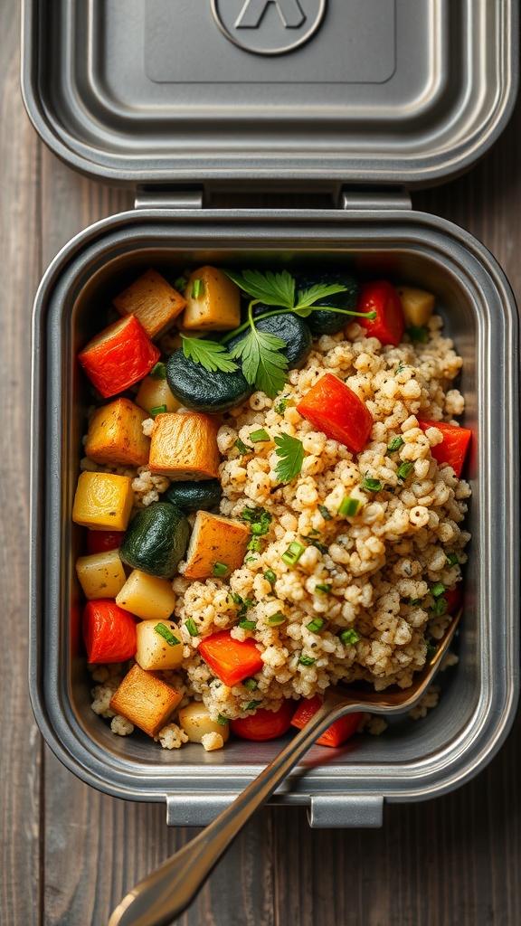 A healthy roasted vegetable quinoa bowl with colorful veggies and fluffy quinoa.
