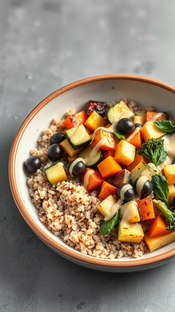 A bowl of roasted vegetable quinoa with tahini dressing, featuring colorful vegetables and grains.