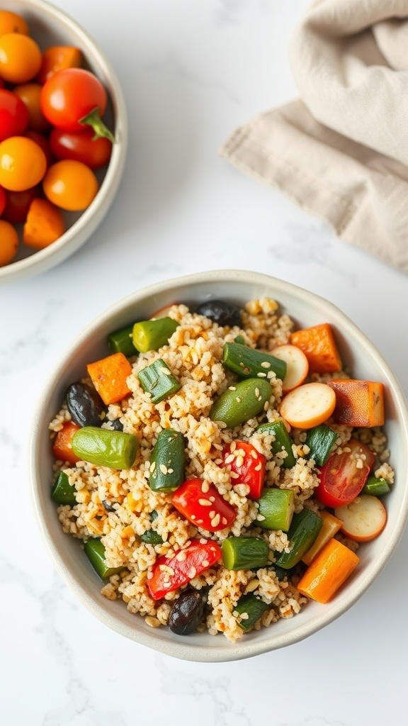 A bowl of roasted vegetable quinoa with colorful veggies and sesame seeds.
