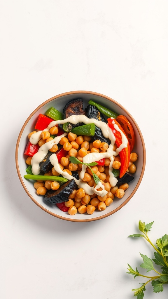 A healthy roasted veggie and chickpea bowl with tahini drizzle.