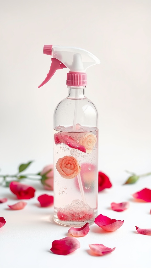 A spray bottle containing rose water and glycerin, with rose petals around it.