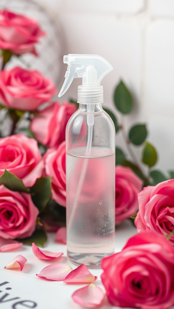 A spray bottle of rose water surrounded by pink roses and rose petals.