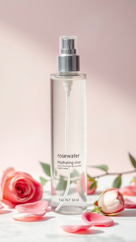 A bottle of rosewater hydrating mist with rose petals around it