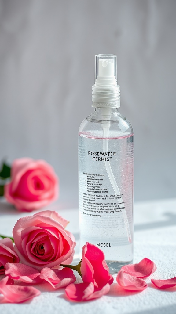 A bottle of rosewater and glycerin hydrating mist surrounded by pink roses and rose petals