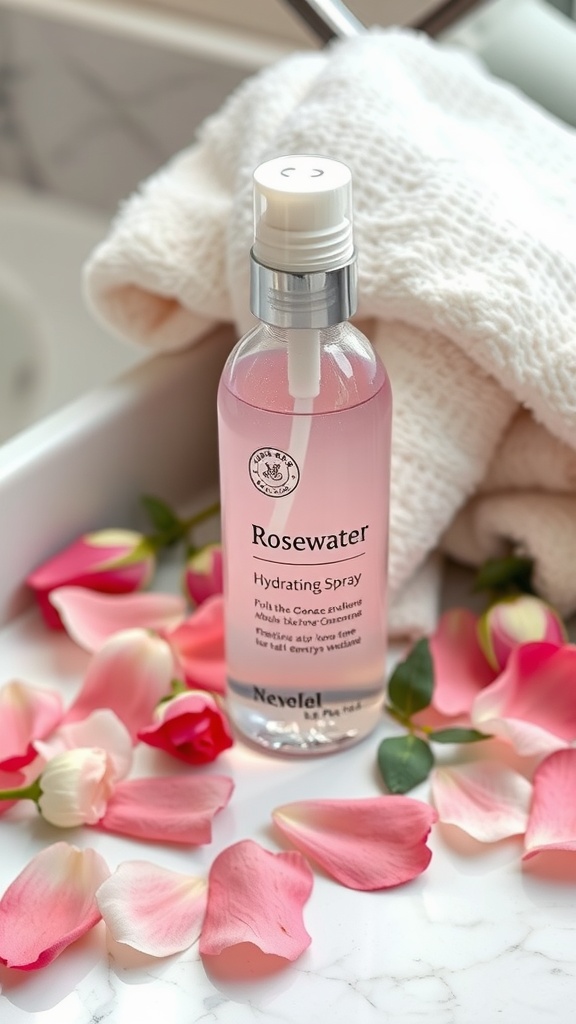 A bottle of rosewater hydrating spray surrounded by rose petals on a marble surface.