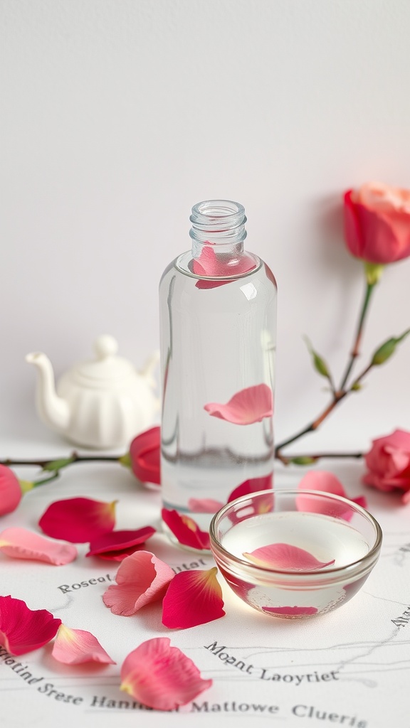 A bottle of rosewater with rose petals, a small bowl of liquid with petals, and fresh roses on a white surface.