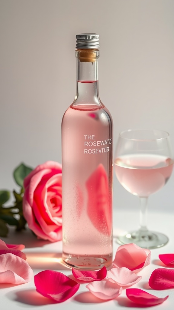 A bottle of rosewater with a glass and rose petals