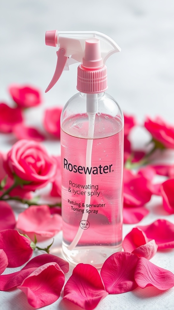 A bottle of rosewater and glycerin toning spray surrounded by pink rose petals