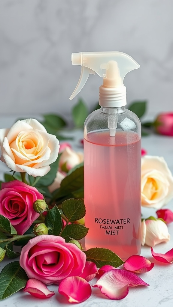 A bottle of rosewater facial mist surrounded by fresh roses and rose petals.