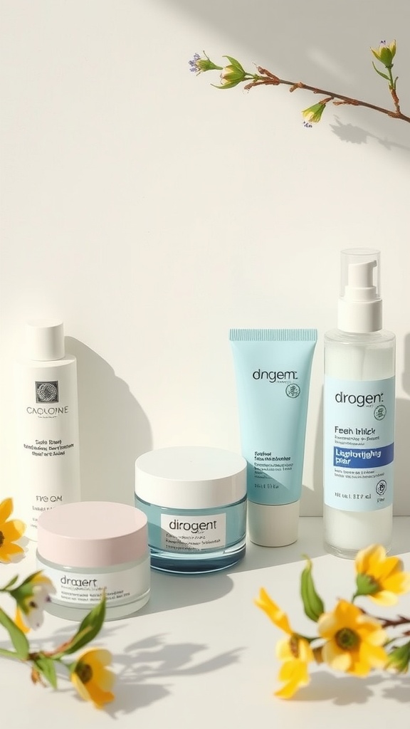 A selection of skincare products on a light background with some flowers.