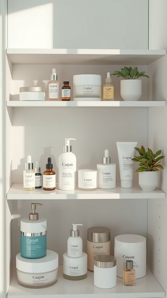 A well-organized shelf displaying various skincare products including serums, moisturizers, and creams.