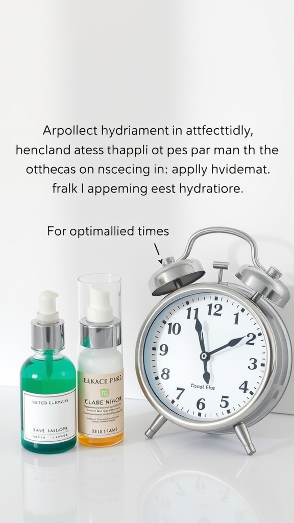 Image of skincare serums next to an alarm clock, symbolizing the importance of routine timing for skincare absorption.