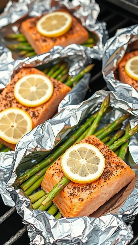 Salmon and asparagus foil packs with lemon slices on top, ready to be cooked.