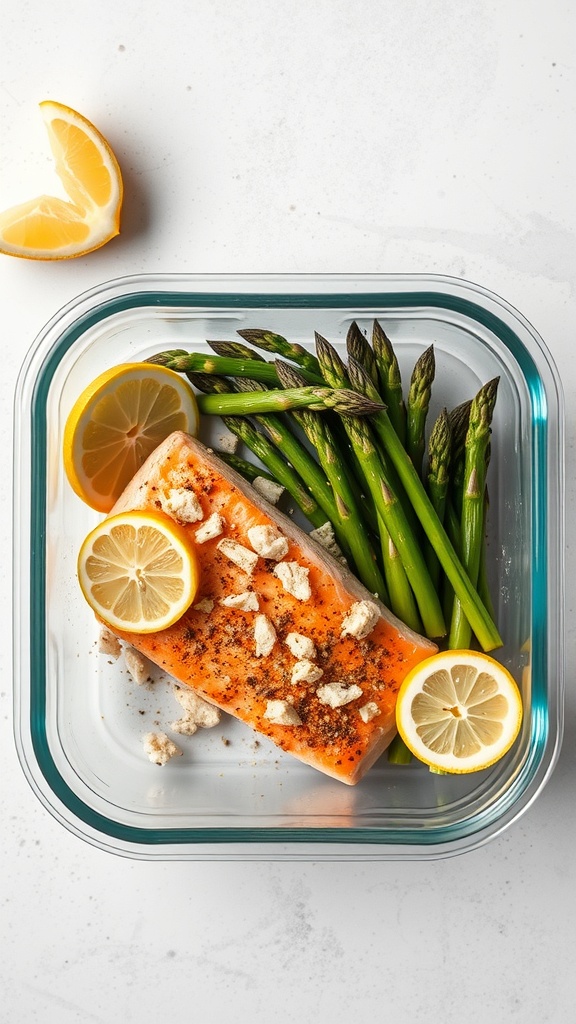 Salmon fillet with asparagus and lemon slices in a meal prep container