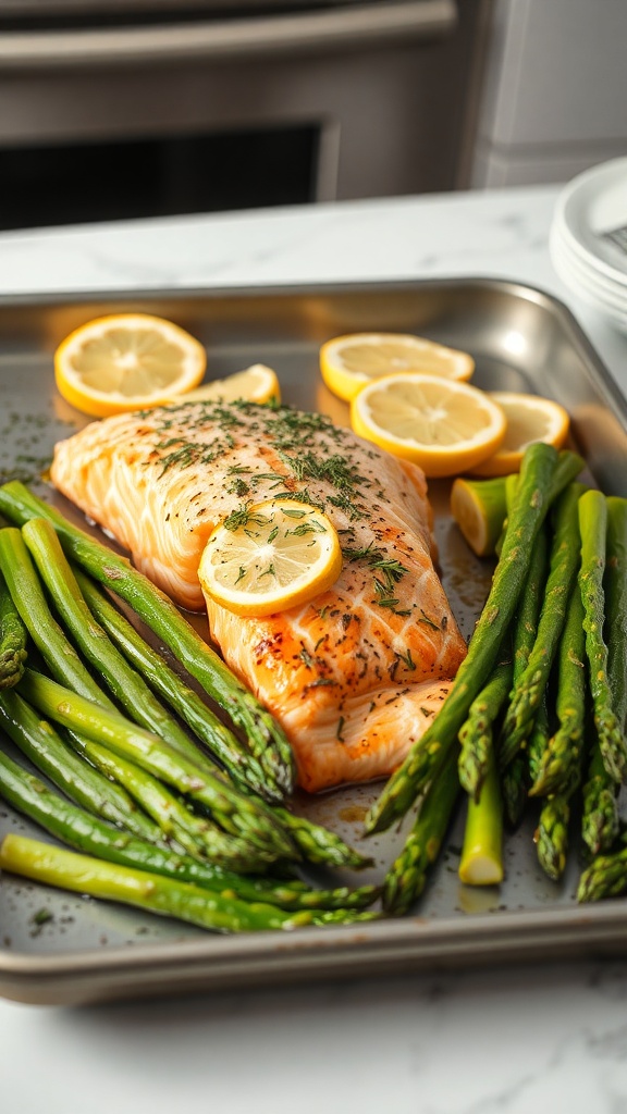 A sheet pan dinner featuring salmon fillet with lemon slices and fresh asparagus.