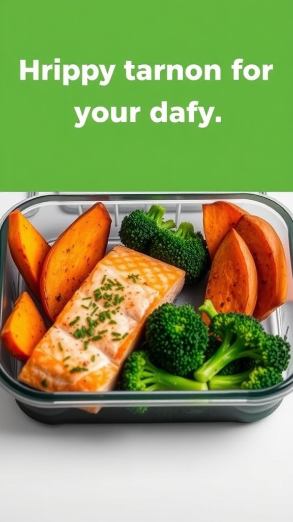 Meal prep container with salmon, sweet potatoes, and broccoli