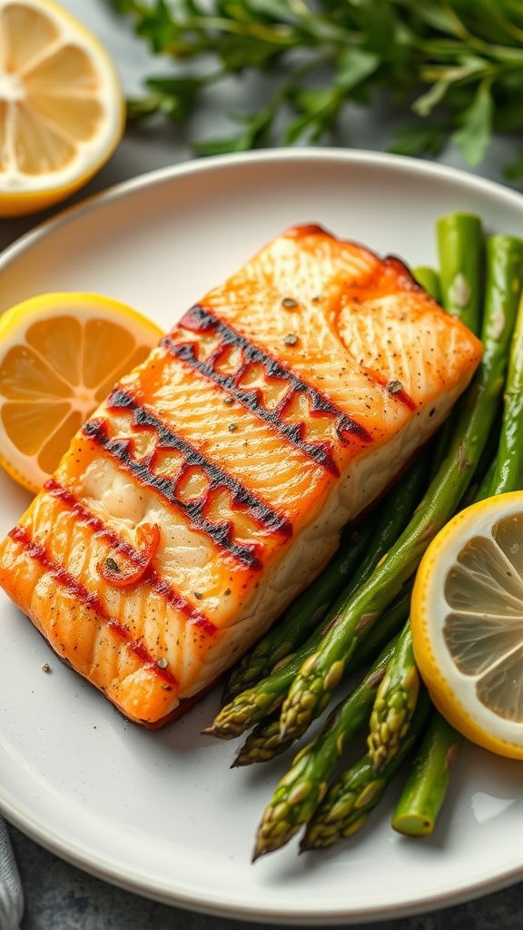 A delicious plate of grilled salmon fillet served with asparagus and lemon slices.