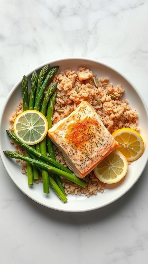 A plate of salmon with asparagus and brown rice, garnished with lemon slices.
