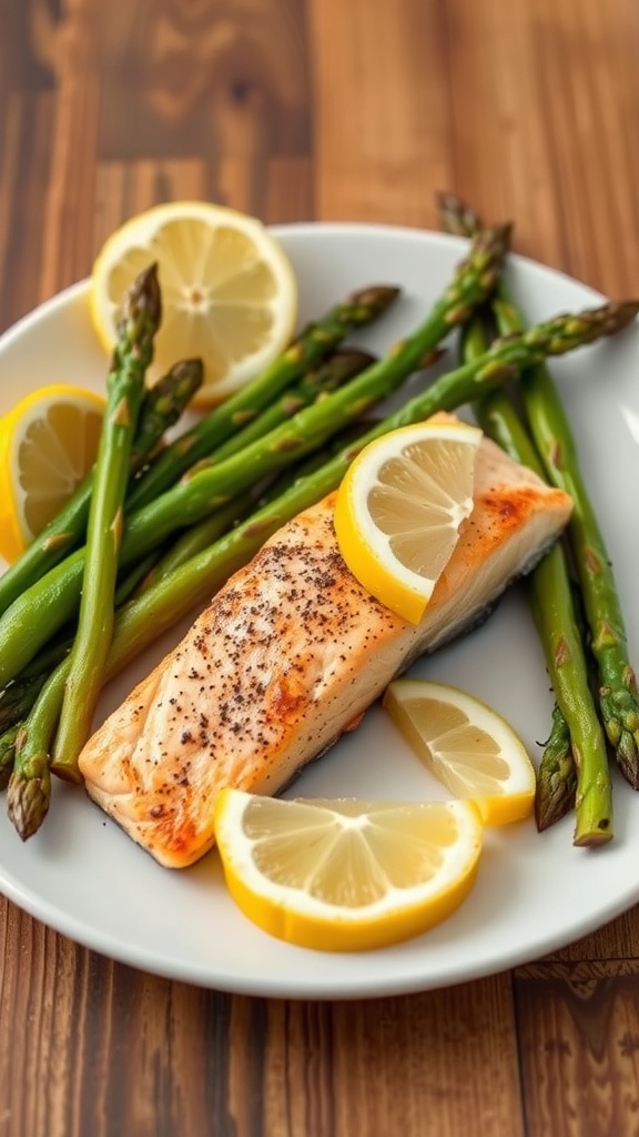 A plate of salmon with asparagus and lemon slices