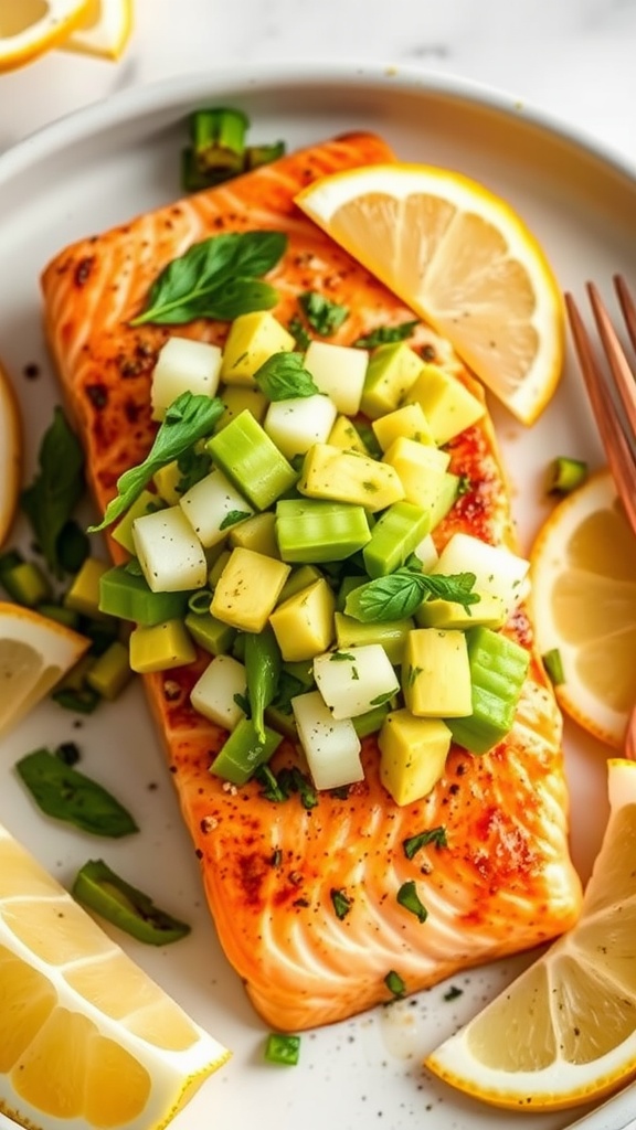 A plate of grilled salmon topped with fresh avocado salsa, garnished with lemon slices.