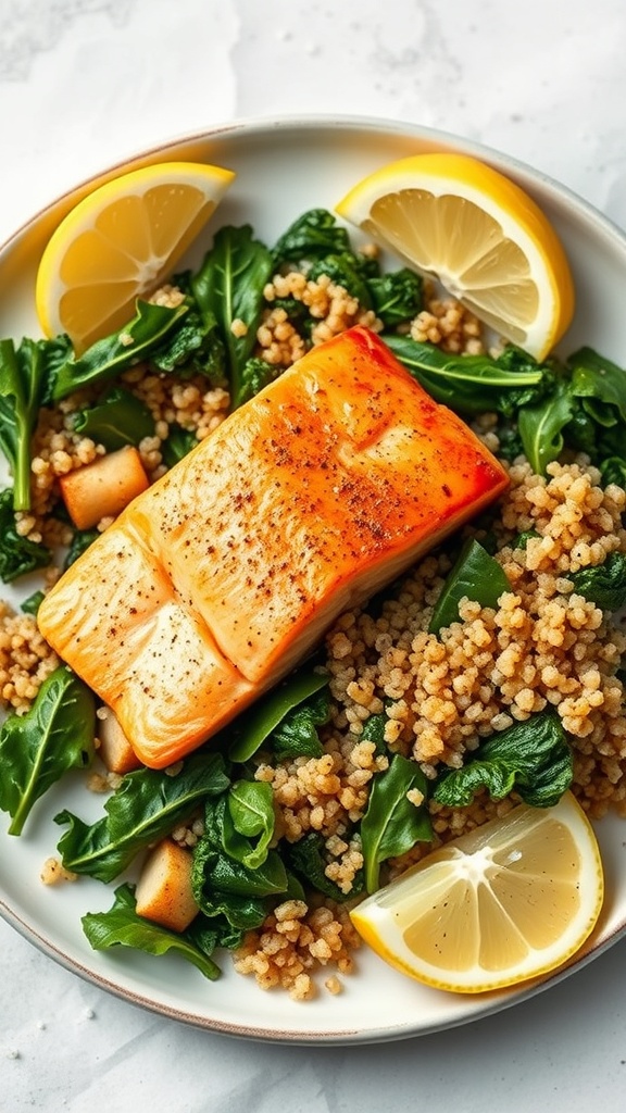 A plate of salmon with quinoa and kale salad, garnished with lemon wedges.