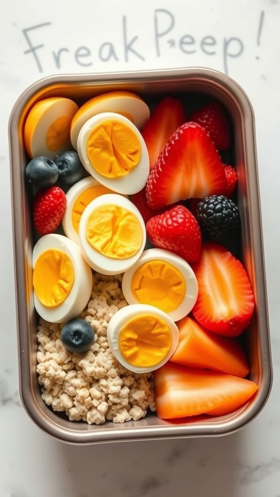 A colorful breakfast bento box with hard-boiled eggs, strawberries, blueberries, rice cakes, and blackberries.