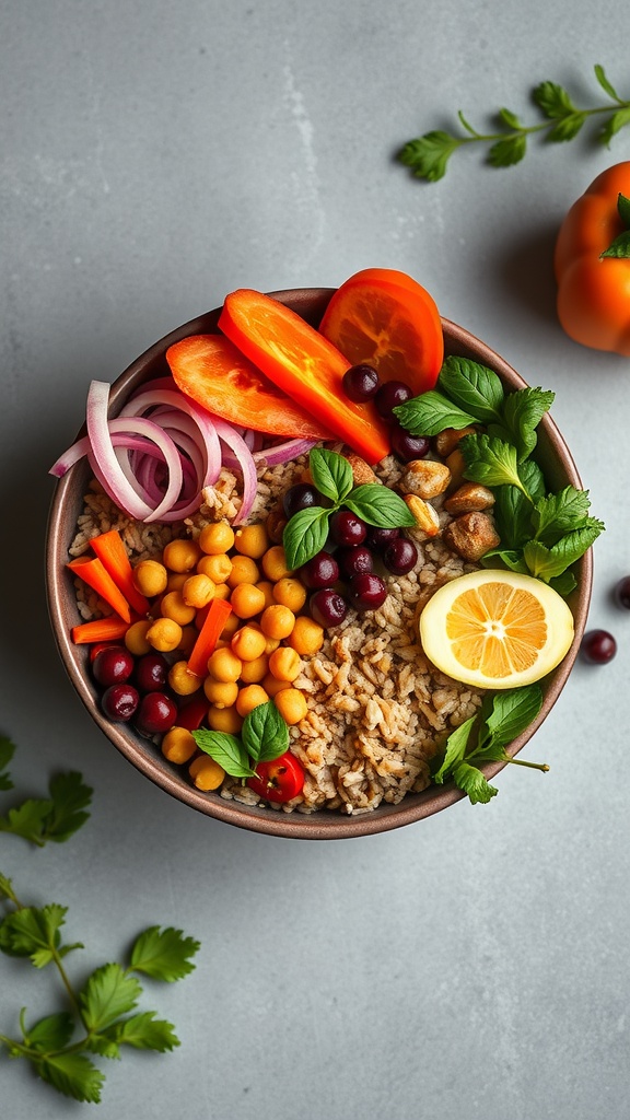 A colorful Buddha bowl with brown rice, chickpeas, sliced bell peppers, cherry tomatoes, red onion, and fresh herbs, garnished with lemon slices.