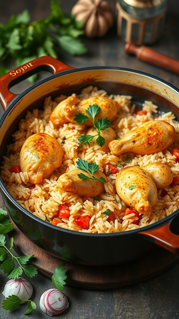 A delicious one-pot chicken and rice dish with spices and fresh herbs.