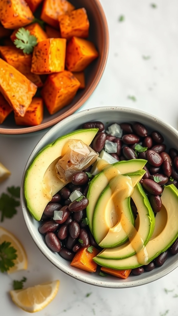 A bowl of sweet potato, black beans, and avocado slices, drizzled with sauce, alongside a bowl of roasted sweet potato cubes.