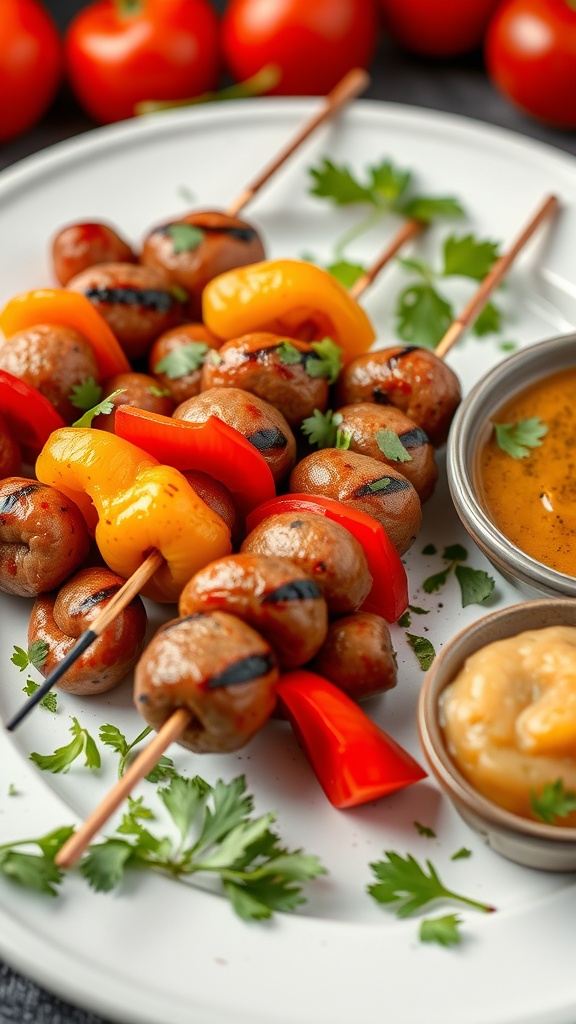 A plate of sausage and bell pepper skewers with fresh herbs and dipping sauces.