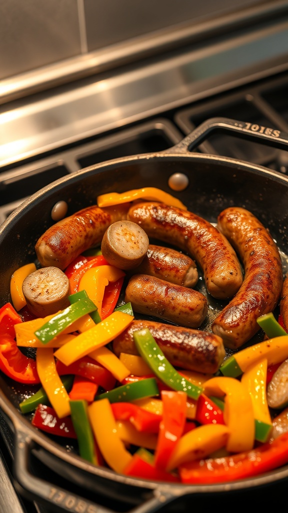 A skillet with sausages and colorful bell peppers cooking together.