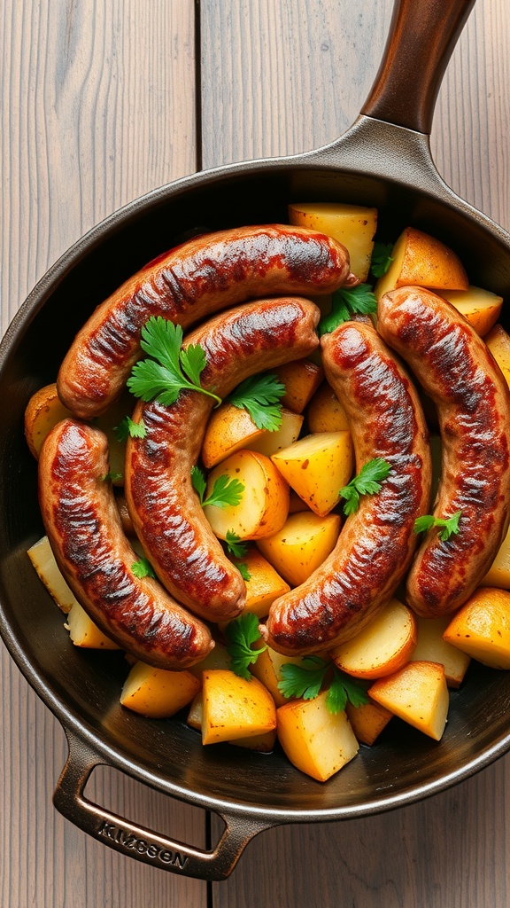 A skillet filled with sausages and diced potatoes, garnished with parsley.