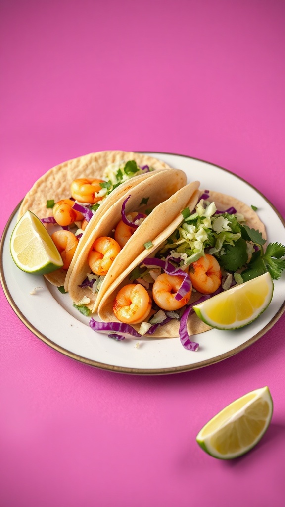 Sautéed shrimp tacos with cabbage slaw and lime wedges.