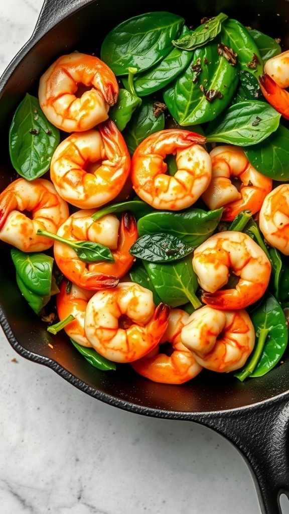 Sautéed Spinach and Garlic Shrimp served in a skillet
