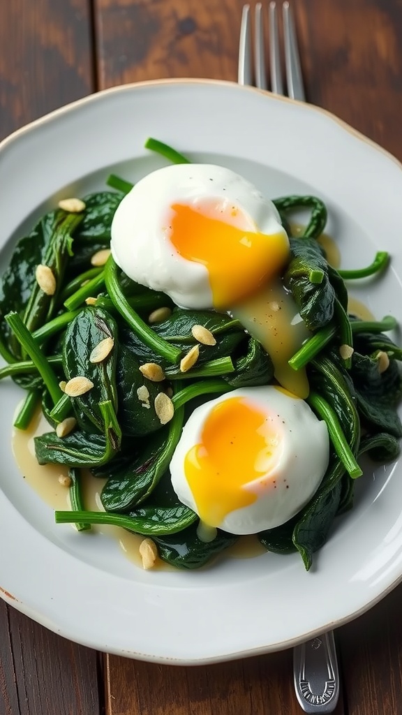 Sautéed spinach and garlic topped with poached eggs and pine nuts on a white plate.