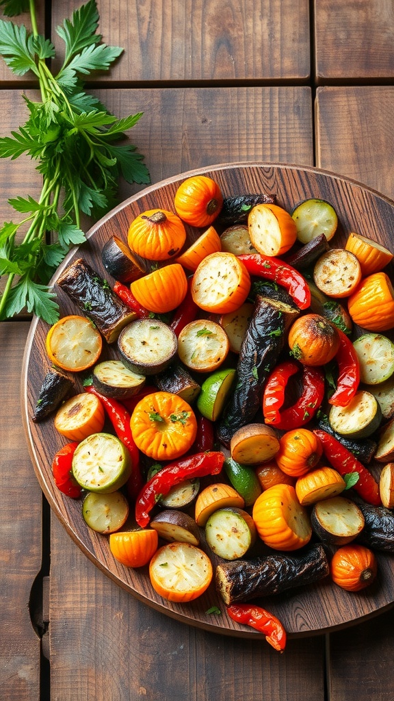 A colorful medley of roasted vegetables in a wooden bowl, garnished with parsley.