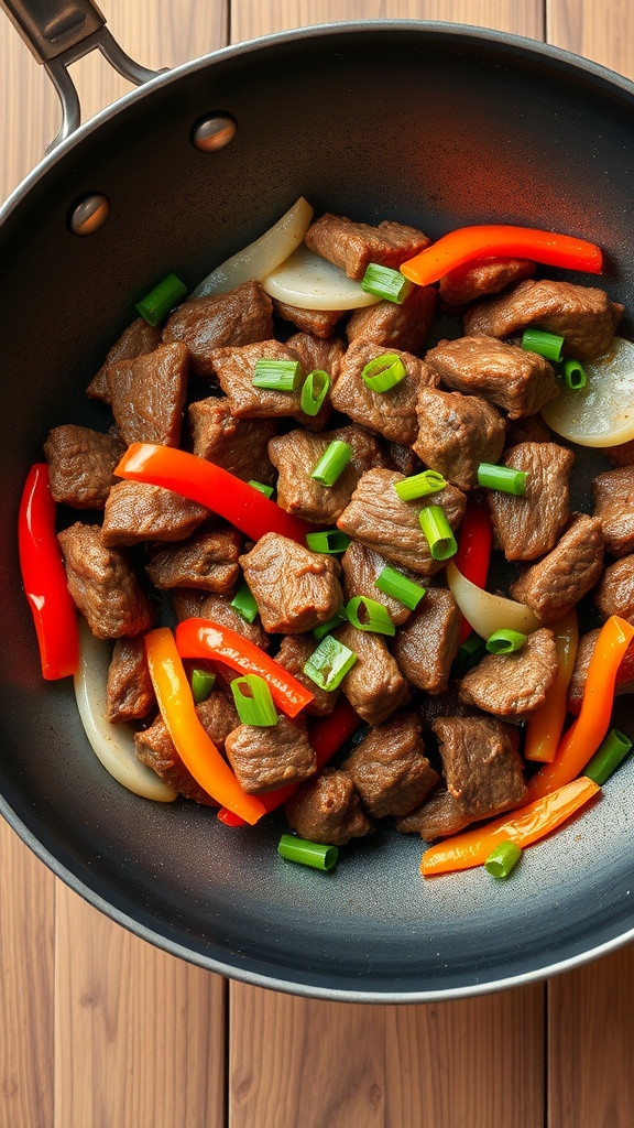 A bowl of savory beef and vegetable stir-fry with colorful peppers and green onions.