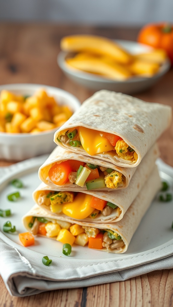 A stack of breakfast burritos filled with scrambled eggs, cheese, and colorful vegetables.