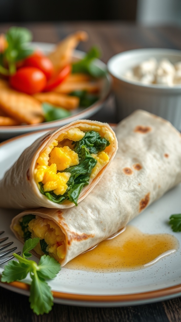 Two breakfast burritos filled with spinach and eggs, served on a plate with cherry tomatoes and a small bowl of dip.