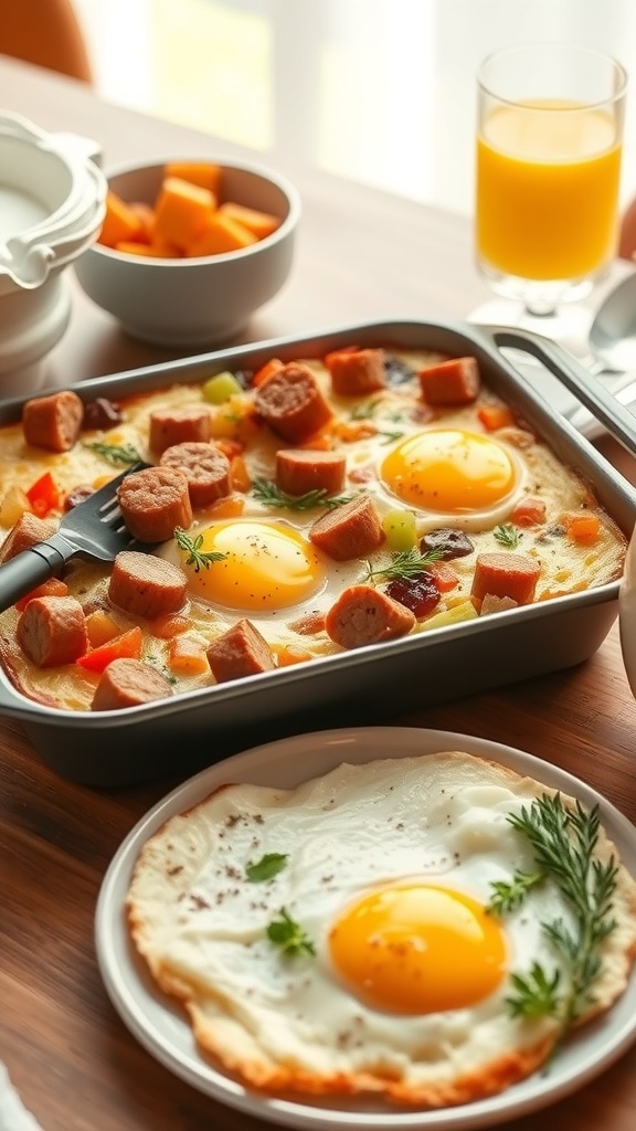 A savory breakfast casserole with eggs, sausage, and vegetables, served with a side of fried eggs and a glass of juice.