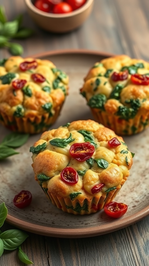 Savory breakfast muffins with spinach and sun-dried tomatoes on a plate