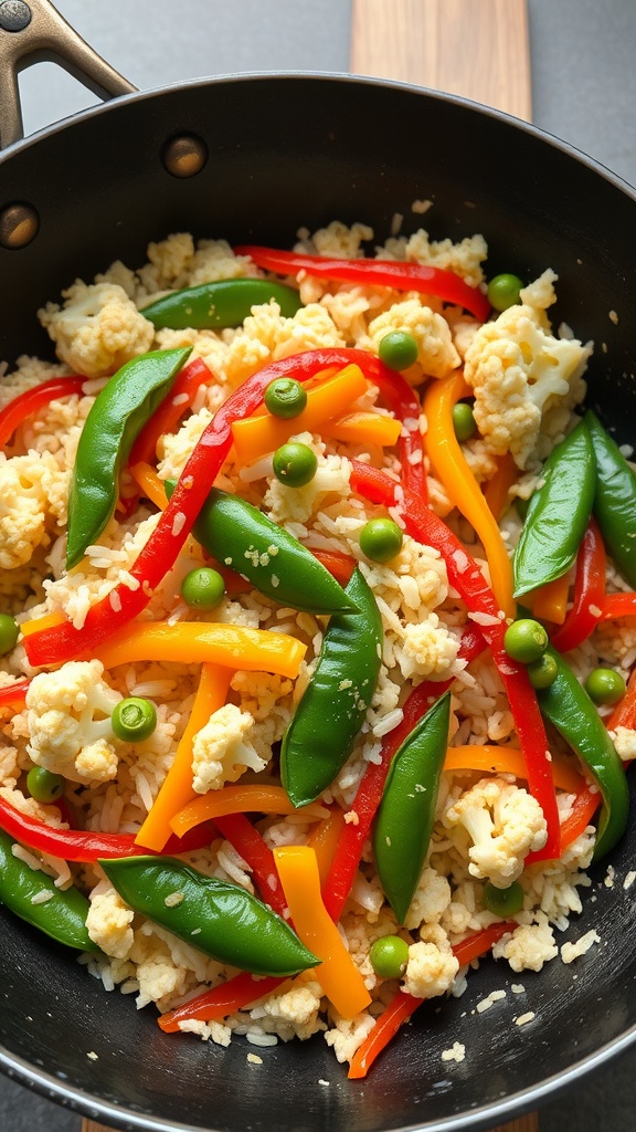 A colorful stir-fry with cauliflower rice, bell peppers, and snap peas