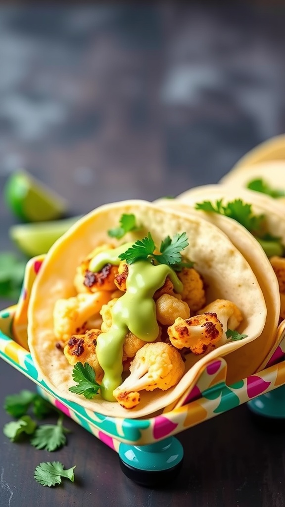 Cauliflower tacos topped with avocado sauce and cilantro in colorful taco holder