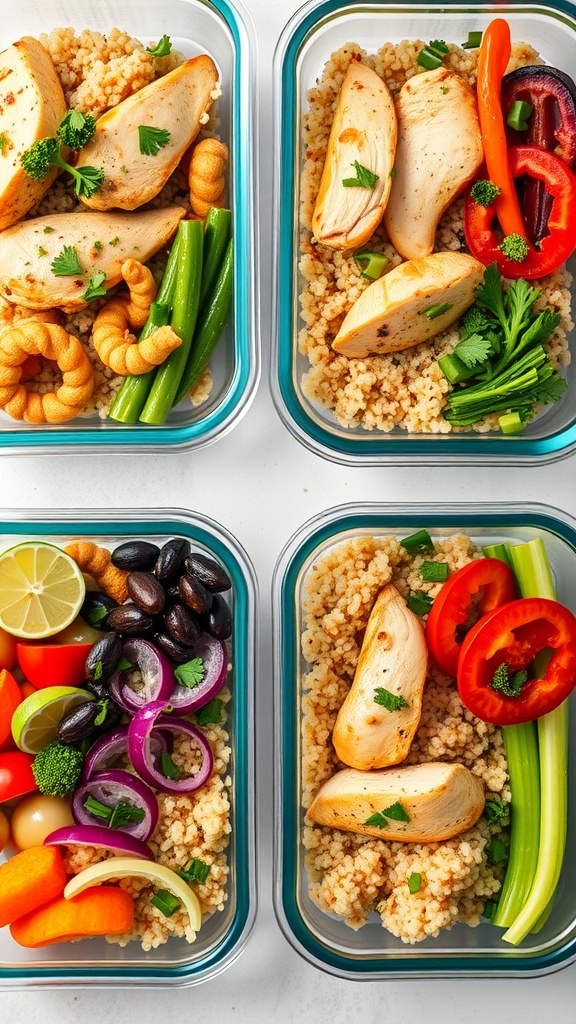 Savory chicken and quinoa bowls with vegetables in meal prep containers