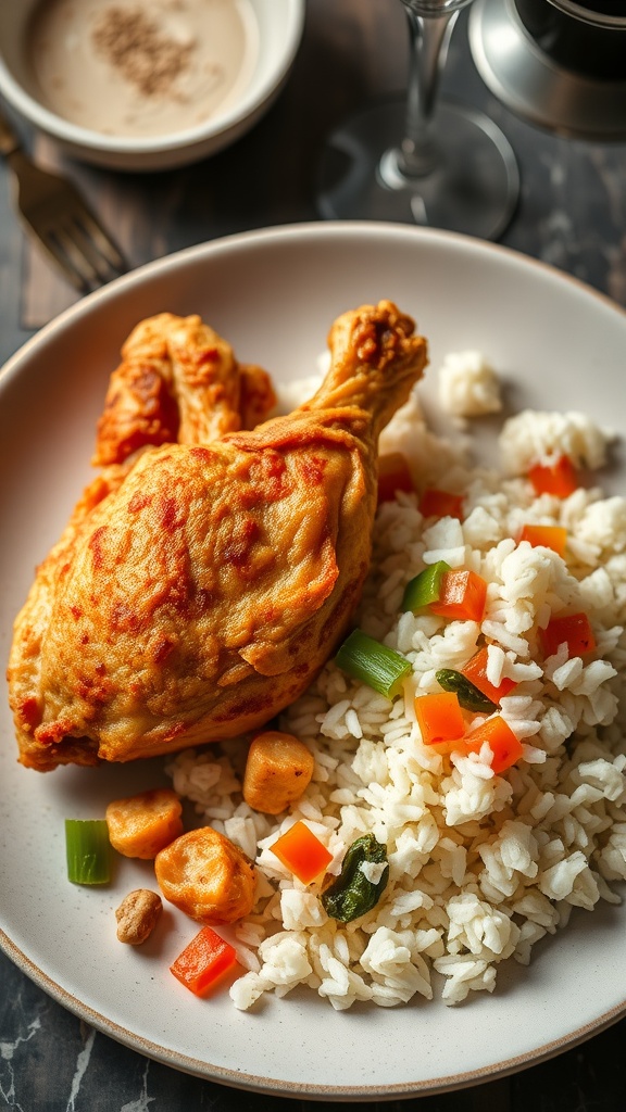 A delicious plate of savory chicken and rice served with colorful vegetables.