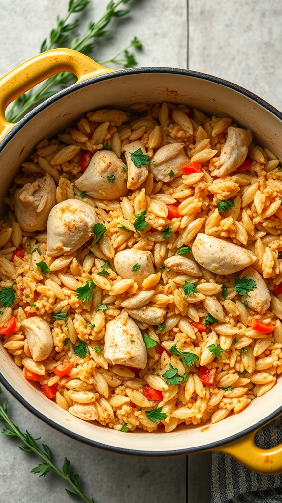 A hearty chicken and rice casserole with vibrant ingredients