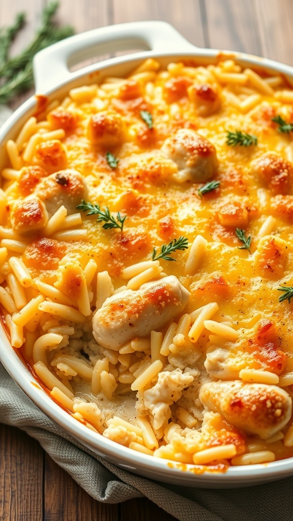 A delicious Chicken and Rice Casserole topped with cheese and herbs.
