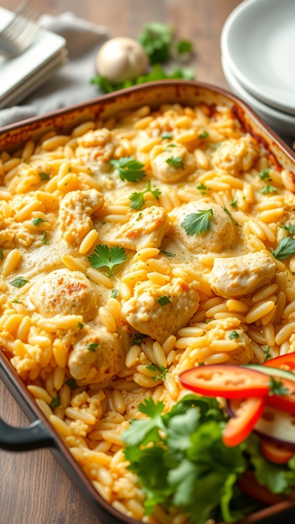 A delicious chicken and rice casserole with orzo pasta, garnished with parsley.